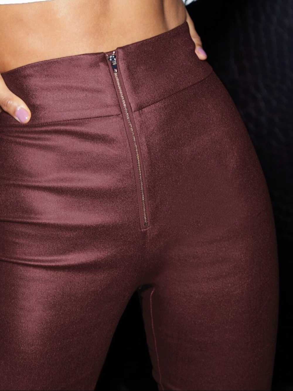 SHEIN BAE Zip Front Wide W aistband Coated Pants
Burgundy / 4(S)
